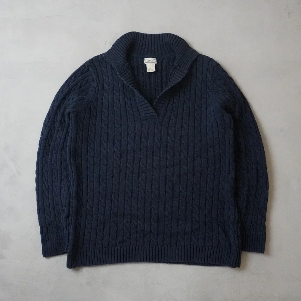 LL Bean Mens XL Navy Blue Cable Knit Cotton V-Neck Shawl Collar Sweater